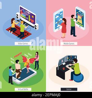 Gamers with electronic equipment isometric design concept with video and mobile gaming, virtual battle isolated vector illustration Stock Vector