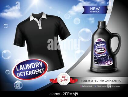 Laundry detergent for dark fabric advertising poster with black t-shirt, soap bubbles realistic vector illustration Stock Vector