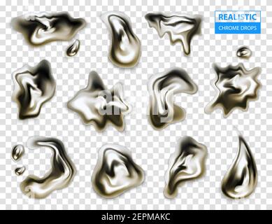 Realistic set of various chrome shapeless glossy droplets on transparent background vector illustration Stock Vector