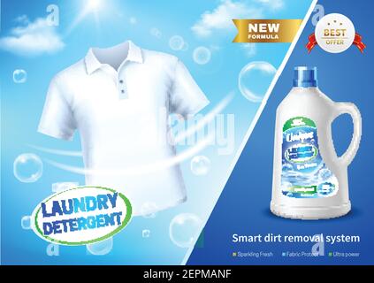 Laundry detergent in realistic plastic bottle ad poster on blue background with white t-shirt vector illustration Stock Vector