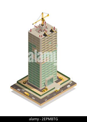 Skyscraper construction site isometric composition  with adjacent busy streets and tower crane competing roofing vector illustration Stock Vector