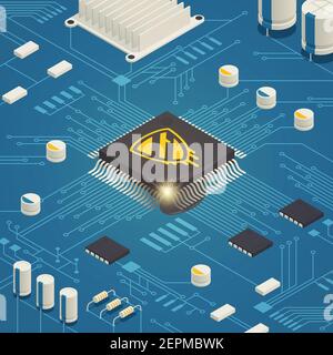 Meltdown cpu hardware vulnerability bug isometric composition with computer system board and malicious software symbol vector illustration Stock Vector