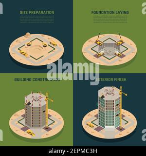 Skyscraper construction process 4 isometric icons  concept from site preparation to building facade finish isolated vector illustration Stock Vector