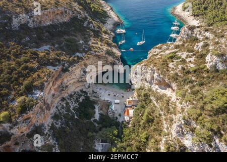 Aerial drone shot of Stiniva cove beach of Adriatic sea on Vis Island in Croatia summer Stock Photo