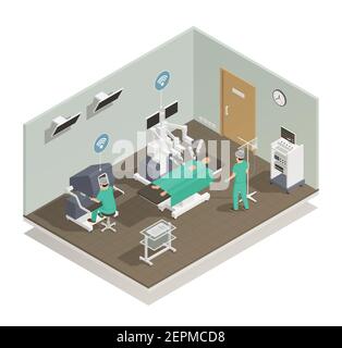 Modern and future medical technologies isometric composition with advanced robotic surgeons assisting operating room vector illustration Stock Vector