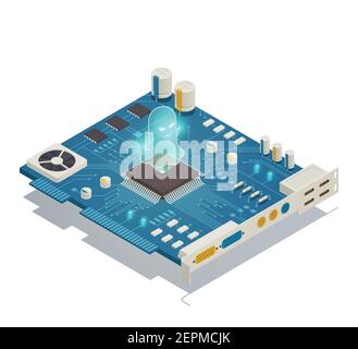 Spectre cpu hardware security vulnerability bug isometric composition with computer motherboard and malicious software symbol vector illustration Stock Vector