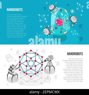 Set of horizontal isometric banners with nano robots, lattice, cell isolated on white turquoise background vector illustration Stock Vector