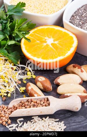 Beneficial nutritious eating for thyroid gland. Healthy ingredients as source natural vitamins and minerals Stock Photo