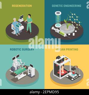 Future medical technologies concept 4 isometric icons square with organs printing regeneration robotic surgery isolated vector illustration Stock Vector
