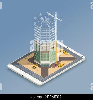 Skyscraper construction on smart phone screen isometric composition with steel tubes frame and yellow machinery vector illustration Stock Vector