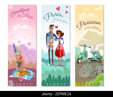 France paris set of vertical banners with coffee, croissant, eiffel tower, bicycle and scooter isolated vector illustration Stock Vector