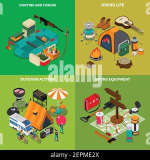 Hiking concept icons set with hiking life symbols isometric isolated vector illustration Stock Vector