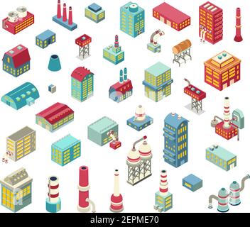 Set of isometric factory objects including industrial buildings, chimneys, engineering structure and equipment isolated vector illustration Stock Vector