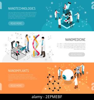 Nano technologies set of isometric horizontal banners with scientific research, medical development isolated vector illustration Stock Vector