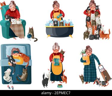 Lonely lady with cats during shopping, feeding, sleeping, relaxation in armchair set of icons isolated vector illustration Stock Vector