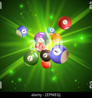 Colorful bingo balls with reflection on sparkling green background with light rays 3d vector illustration Stock Vector