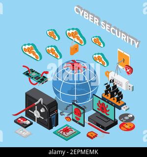 Cyber security  isometric concept with data storage symbols on blue background isometric vector illustration Stock Vector