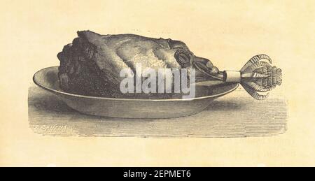 Antique illustration of roast lamb leg. Published in Le livre de cuisine, par Jules Goufe, Librarie Hachette et Cie (Paris, 1874). Stock Photo