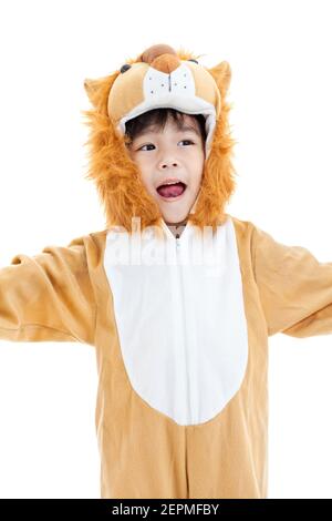 Little lovely asian boy costumed like a lion, child  open the mouth, stretch the arms and looking ahead, shot in studio, isolated on white background Stock Photo