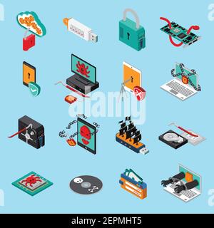 Hardware protection icons set with computer symbols  on blue background isometric isolated vector illustration Stock Vector