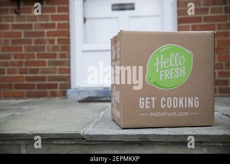 The contents of a HelloFresh meal delivery kit as seen on January 3, 2018 in Silver Spring, Maryland. Photo by Kristoffer Tripplaar/ Sipa USA