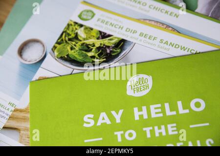 The contents of a HelloFresh meal delivery kit as seen on January 3, 2018 in Silver Spring, Maryland. Photo by Kristoffer Tripplaar/ Sipa USA