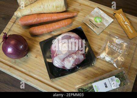 The contents of a HelloFresh meal delivery kit as seen on January 3, 2018 in Silver Spring, Maryland. Photo by Kristoffer Tripplaar/ Sipa USA