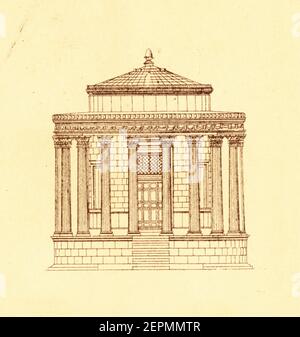 Antique illustration of the temple of Vesta in Tivoli, Italy. Engraving published in Vergleichende Architektonische Formenlehre by Carl Scholtze, Leip Stock Photo