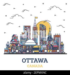 Outline Ottawa Canada City Skyline with Colored Modern Buildings Isolated on White. Vector Illustration. Ottawa Cityscape with Landmarks. Stock Vector