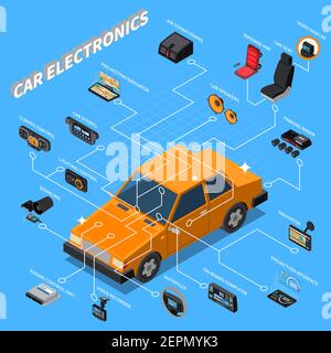 Car electronics isometric composition with massage seat symbols on blue background isometric vector illustration Stock Vector