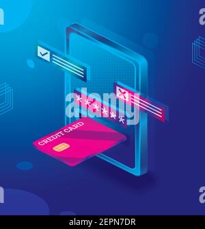 Safe E-payments on Smartphone. Isometric Concept with Credit Card and Tablet Computer. Financial App in Neon Colors. Processed Payment. Stock Vector
