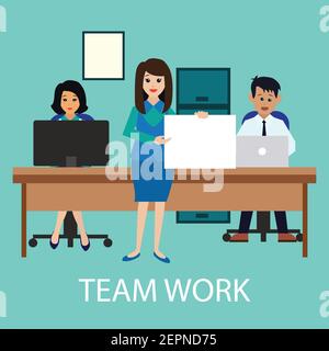 team work business concept showing team work man and woman while working in room with office interior, vector illustration Stock Vector