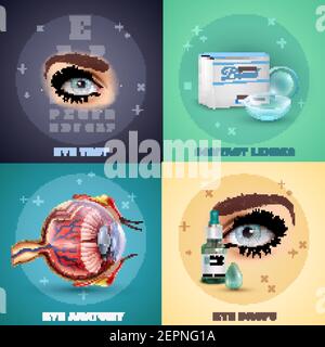 Vision realistic design concept with medical test, eye anatomy, contact lenses and drops, isolated vector illustration Stock Vector