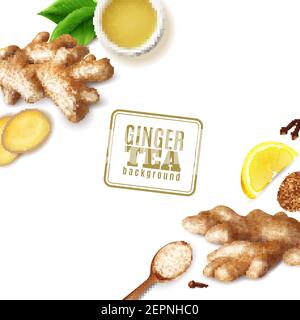 Cup with ginger tea, fresh roots, lemon, spoon with sugar, cloves on white background vector illustration Stock Vector