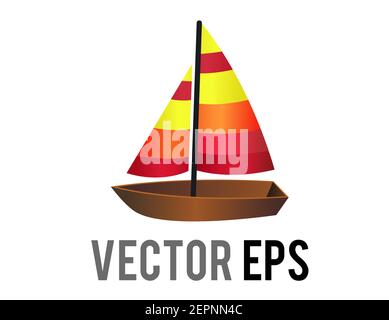 The isolated vector side of brown wooden sailing boat icon with mix of yellow, orange and red sails Stock Vector