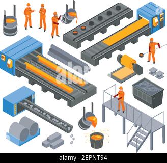 Steel iron aluminium metallurgical industry production isometric elements set with workers hot rolling and molding vector illustration Stock Vector