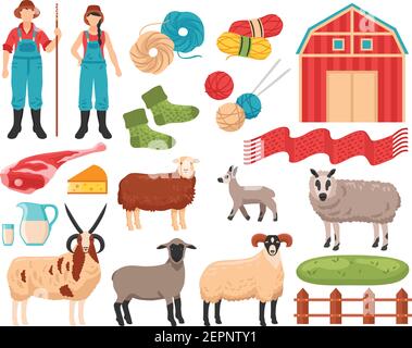 Sheep breeding products flat icons collection with farmers ewes ram wool meat milk cheese isolated vector illustration Stock Vector