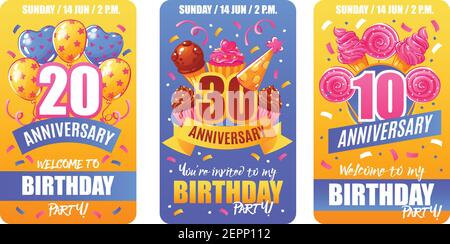 Birthday party anniversary celebration 3 festive invitation cards banners collection with numbers confetti cakes balloons isolated vector illustration Stock Vector