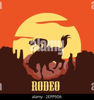 rodeo poster with cowgirl silhouette riding on wild horse and bull. vector illustration Stock Vector