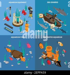 Aquarium concept icons set with fish symbols isometric isolated vector illustration Stock Vector