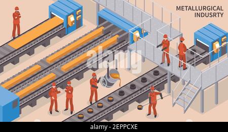 Steel and iron metallurgical industry hot rolling and injection molding facility isometric composition with workers vector illustration Stock Vector