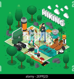 Camping and hiking isometric composition with outdoor activity and equipment symbols vector illustration Stock Vector