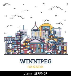 Outline Winnipeg Canada City Skyline with Colored Historic Buildings Isolated on White. Vector Illustration. Winnipeg Cityscape with Landmarks. Stock Vector