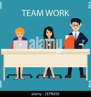 team work business concept showing team work man and woman while working in room with office interior, vector illustration Stock Vector