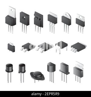 Transistors Set Isolated on White Background. Vector Illustration. Isometric Power Electronic Components. Icons Set. Stock Vector