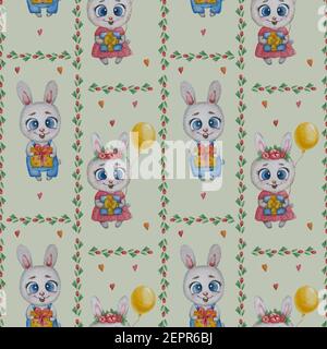 Seamless patterns. Cute animals hares. Girl rabbit In a wreath with flowers and balloon and boy with a gift on a gray background. Watercolor. for kids Stock Photo