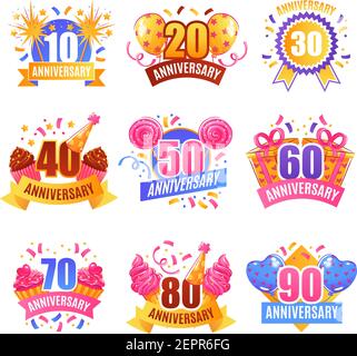 Anniversary numbers for presents decoration cake tops 9 festive images collection with sparkling lights isolated vector illustration Stock Vector