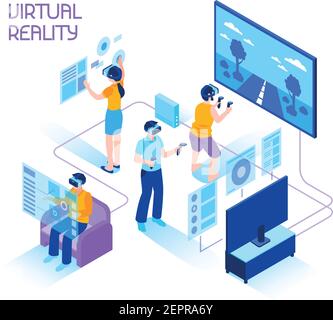 Isometric people in headsets use virtual reality simulators. Characters ...