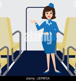 flight attendants on airplane business class cabin.  vector illustration Stock Vector