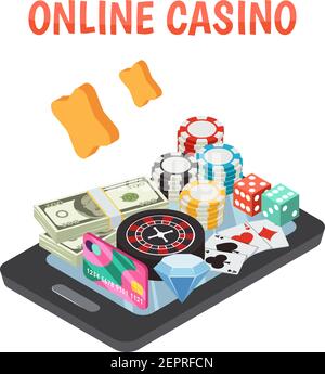 Online casino design concept set of roulette wheel game cards dice chips icons on smartphone screen isometric vector illustration Stock Vector